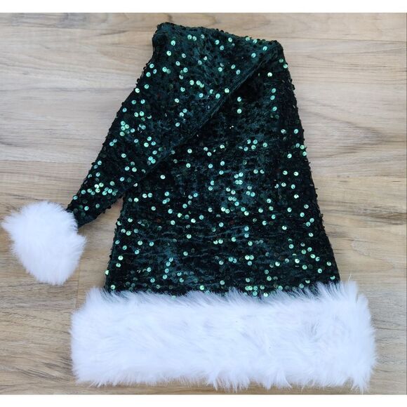 🩵NWOT Dark Green Sequin Long Unisex Santa Hat - Picture 2 of 8